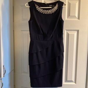 Navy fitted Sleeveless Sheath Dress with Pearl Neckline